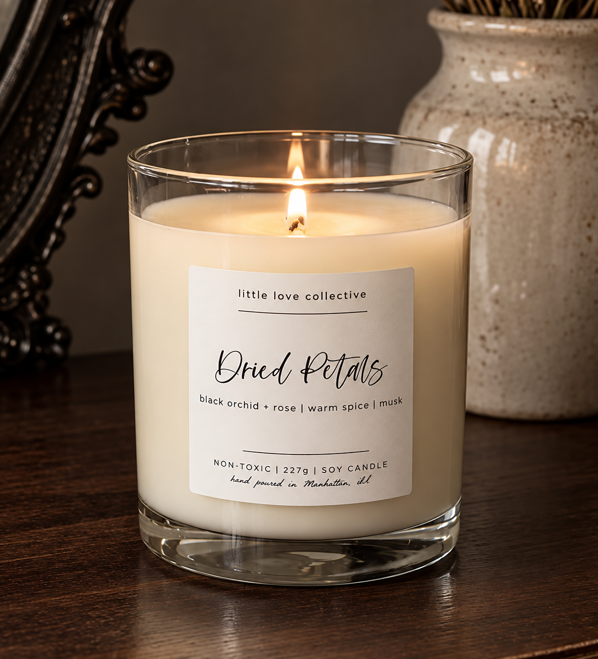 Dried Petals candle - dried orchid, rose, cedarwood, spice