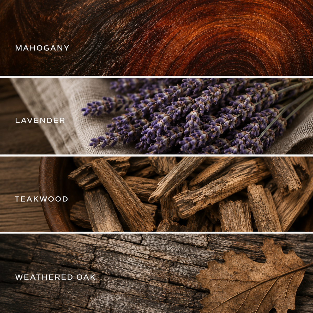 Four wood finish or wood panel options shown in horizontal strips: Mahogany with a rich reddish-brown wood grain, Lavender with purple lavender on linen, Teakwood with natural teak wood chips, and Weathered Oak with rustic brown wood and a leaf.