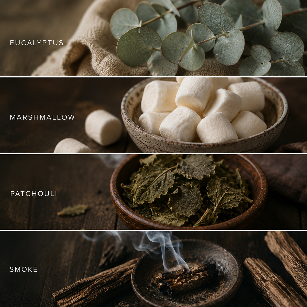 Four horizontal panels labeled EUCalyptus, Marshmallow, Patchouli, and Smoke, each showing a natural ingredient or scent element in a styled tabletop setting: eucalyptus leaves on fabric, white marshmallows in a bowl, dried patchouli leaves in a bowl, and smoky resin or bark on a dish with visible smoke.