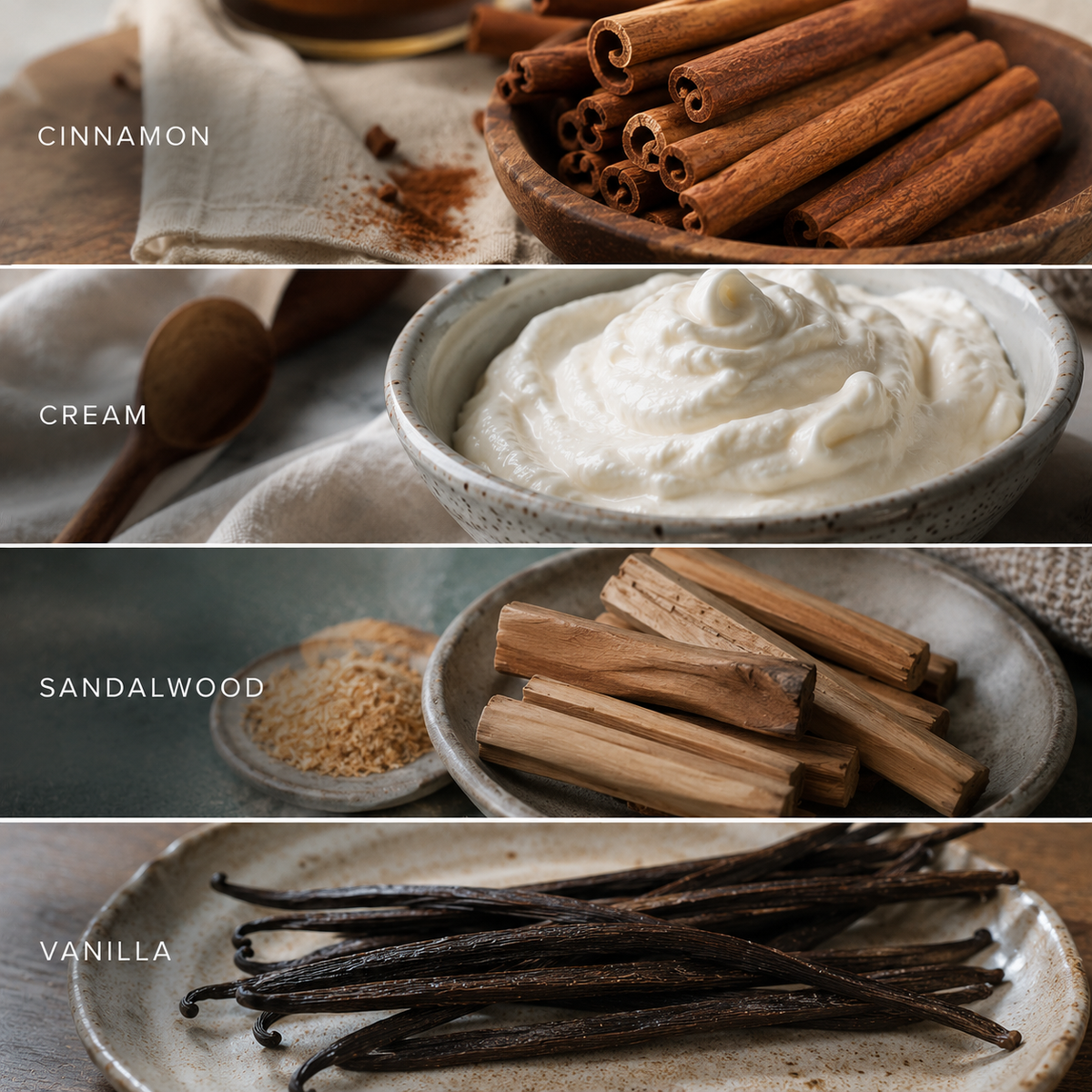 Four horizontal panels showing spice ingredients for a scent or flavor blend: cinnamon sticks, a bowl of creamy white substance labeled CREAM, sandalwood pieces with a small bowl of brown sugar, and vanilla beans labeled VANILLA.